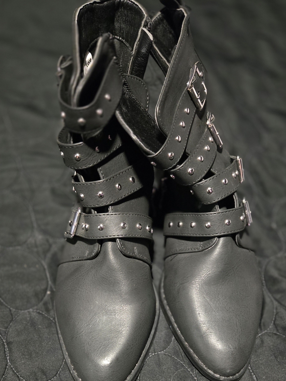 Black Studded Buckle Ankle Boots - Women's